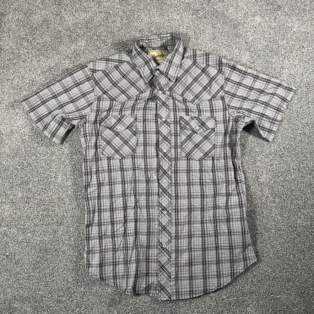 Wrangler Western Pearl Snap Shirt Mens Medium Gray Plaid Short Sleeve Cowboy